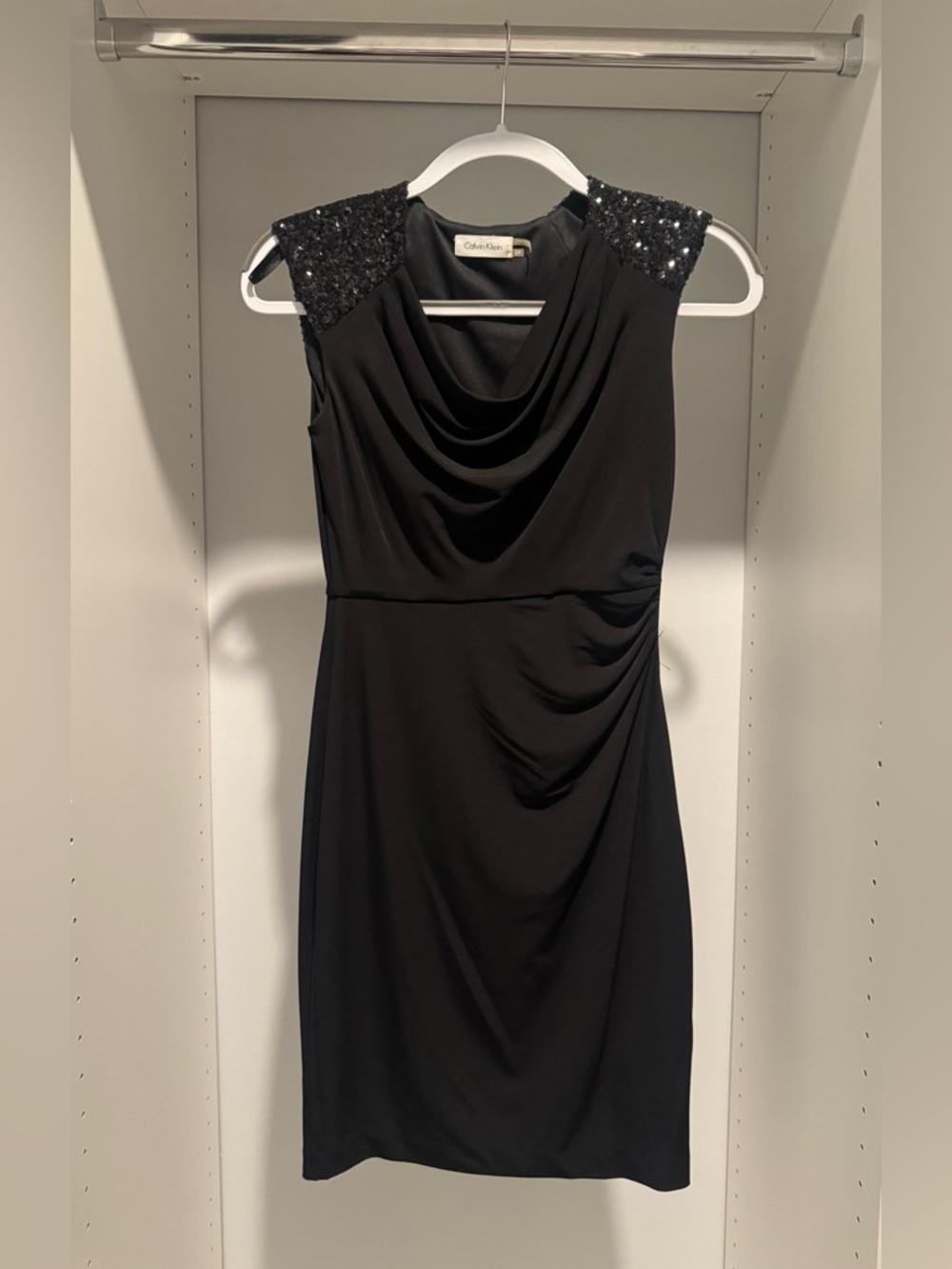 Calvin Klein Black Sequin-Shoulder Cowl Dress 0 Petite